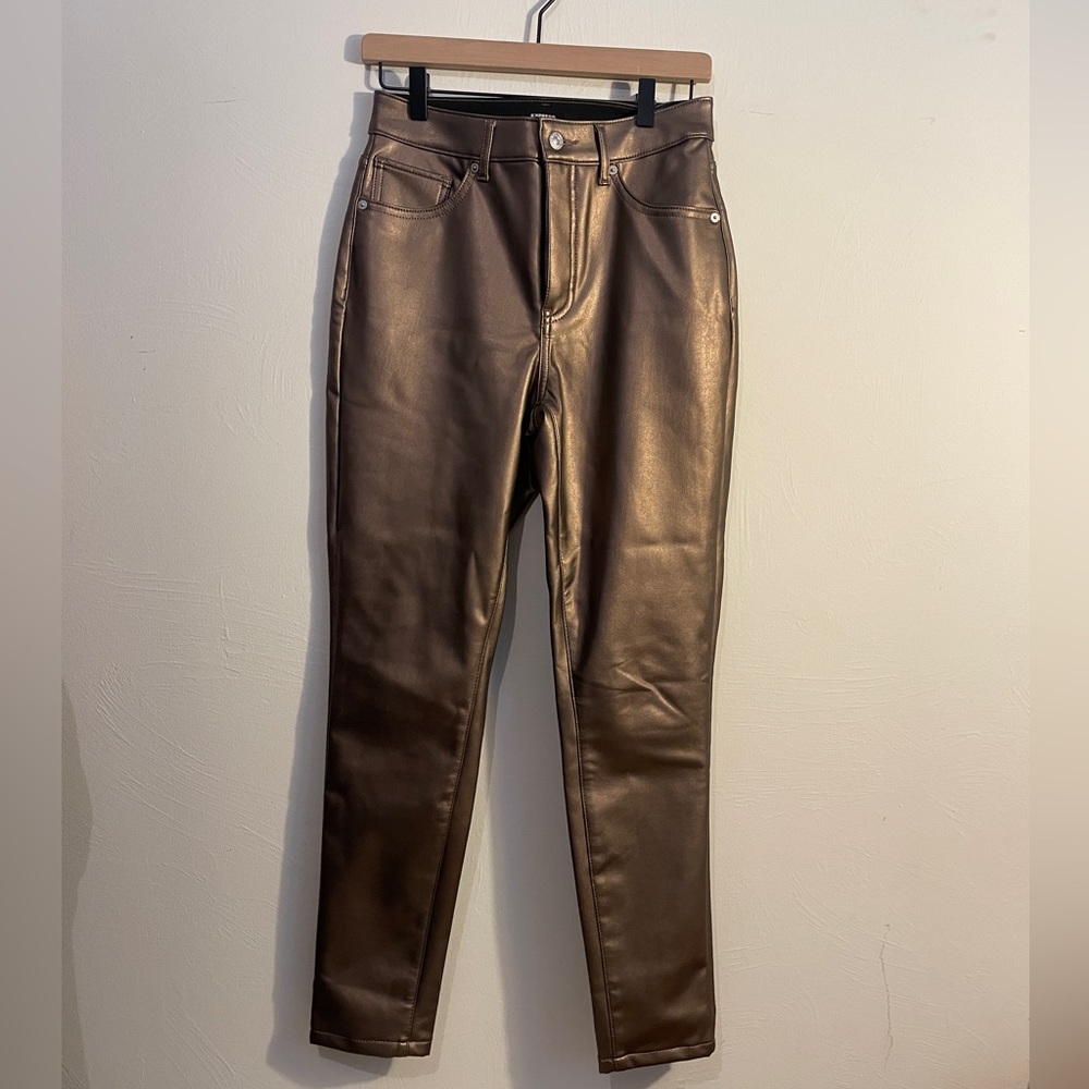Express high rise faux - leather cheeky jeans in a metallic bronze color